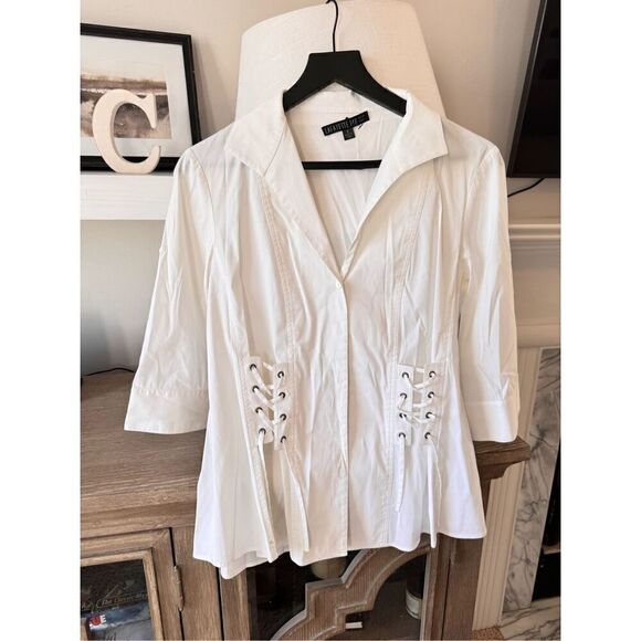 Lafayette 148 Button Down V Neck Blouse with Laced Up Sides Detail Rolled Sleeve - Picture 5 of 11
